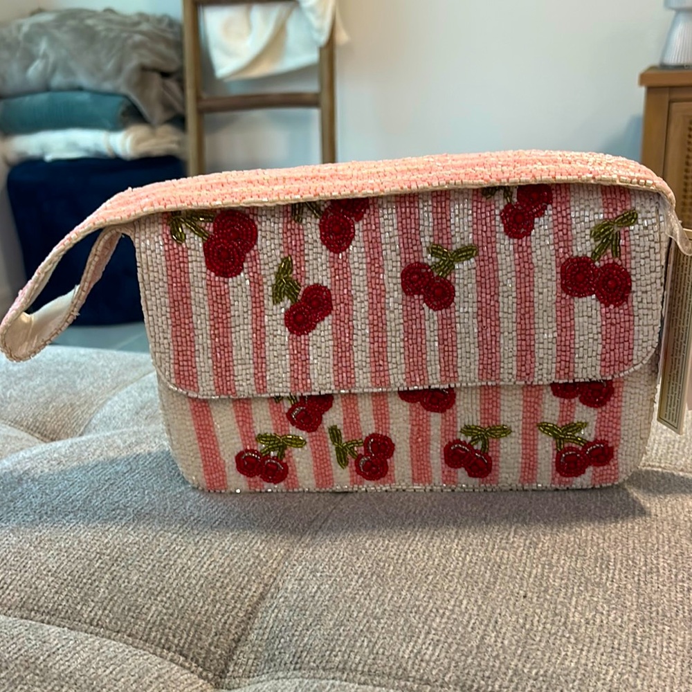 VIRAL Cherry Embroidered Pink Striped BEADED BAG❗️